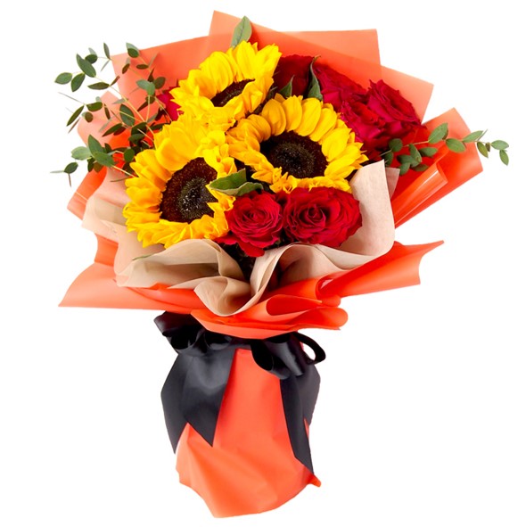 sunflower bouquet with red rose
